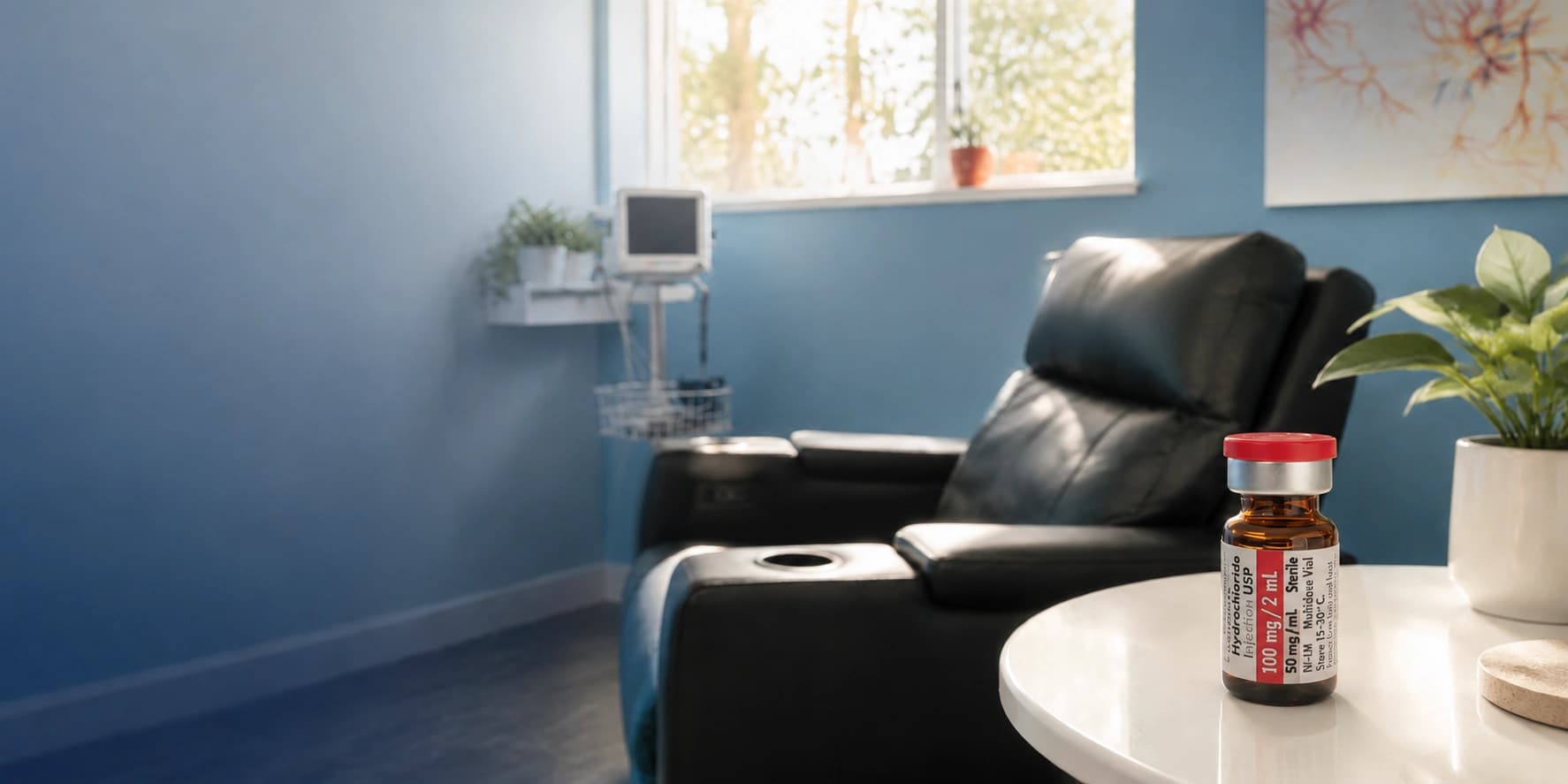 Ketamine treatment room with a recliner, window and side table at NeuroLinks